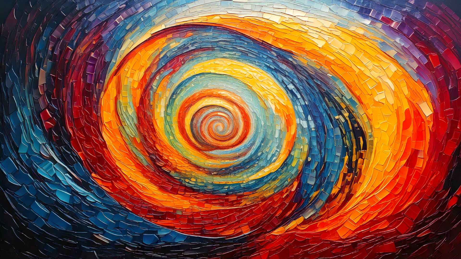 A vibrant abstract artwork featuring a swirling vortex of mosaic-like shapes in bold colors. Concentric spirals of red, orange, yellow, and blue tiles create a dynamic sense of motion, drawing the eye toward the bright central whirl. The layered, textured pieces give the image depth and energy, resembling a radiant spiral or cosmic storm.