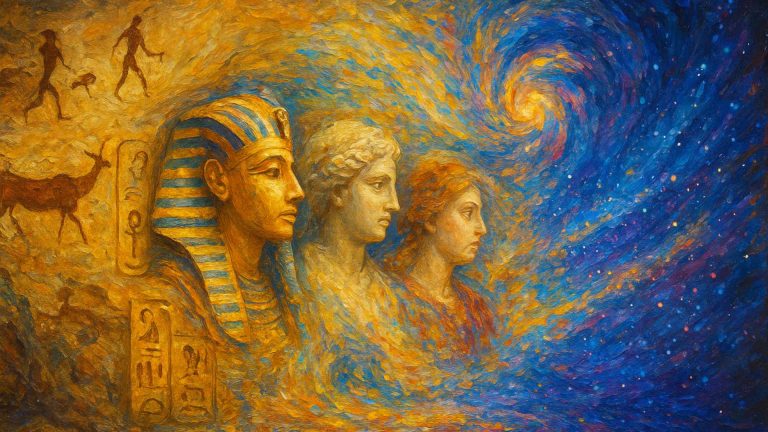 A richly textured impasto oil painting depicting the evolution of art through time. On the left, ancient cave drawings and Egyptian hieroglyphs transform into Greek and Renaissance portraits, which then dissolve into swirling, colorful brushstrokes resembling galaxies. The composition transitions from warm golds and ochres to deep blues, symbolizing the journey from early human creativity to modern digital abstraction.