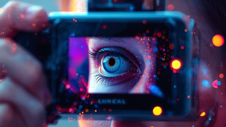 A close-up of a person’s blue eye seen through a camera viewfinder, surrounded by vivid neon lights and colorful bokeh effects, symbolizing creativity, technology, and human connection with digital vision.