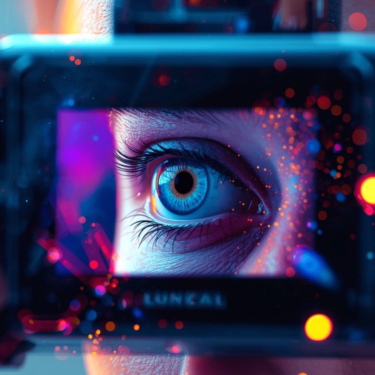 A close-up of a person’s blue eye seen through a camera viewfinder, surrounded by vivid neon lights and colorful bokeh effects, symbolizing creativity, technology, and human connection with digital vision.