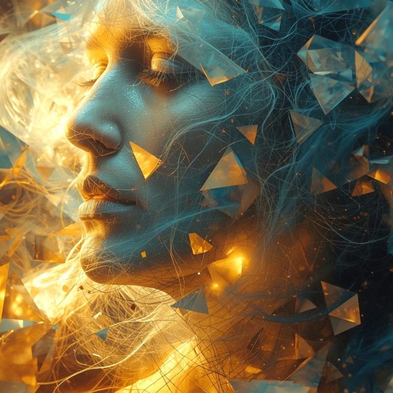 A surreal digital artwork depicting a serene woman’s face with closed eyes, surrounded by glowing golden light and floating geometric crystal shapes. Her hair blends with luminous strands and reflections, creating an ethereal, dreamlike atmosphere that evokes beauty, introspection, and transformation.