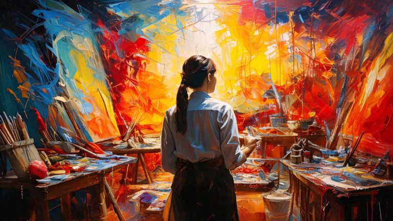 A woman with dark hair tied in a ponytail stands in a paint-splattered studio, facing a brightly lit canvas as vivid swirls of red, orange, yellow, and blue surround her. She holds a brush while standing between cluttered worktables filled with paint, brushes, and tools. The scene is rendered in a bold, textured, painterly style that emphasizes movement and color.