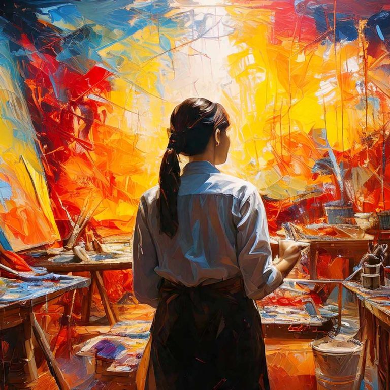 A woman with dark hair tied in a ponytail stands in a paint-splattered studio, facing a brightly lit canvas as vivid swirls of red, orange, yellow, and blue surround her. She holds a brush while standing between cluttered worktables filled with paint, brushes, and tools. The scene is rendered in a bold, textured, painterly style that emphasizes movement and color.
