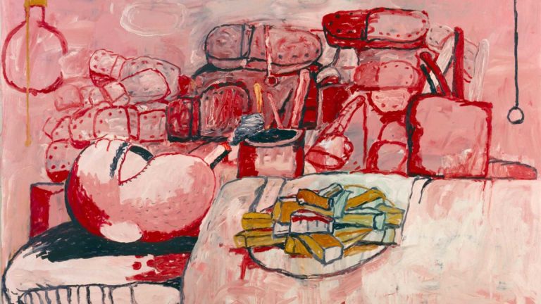 A loosely rendered, cartoon-like painting dominated by pink and red tones. At the left, a reclining, simplified figure with a round head smokes a cigarette, the gray smoke rising above a red cylindrical ashtray. In the foreground, a plate piled with blocky, bread- or cake-like shapes in yellow, white, and green sits atop a pale table. Behind the figure, an arrangement of stacked, pillow- or brick-like forms outlined in red fills the background, creating a cluttered, chaotic environment. Thick, expressive brushstrokes and sketchy outlines give the scene a raw, hand-drawn quality.