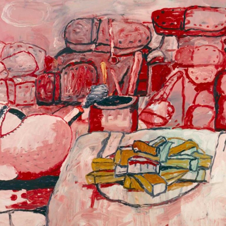 A loosely rendered, cartoon-like painting dominated by pink and red tones. At the left, a reclining, simplified figure with a round head smokes a cigarette, the gray smoke rising above a red cylindrical ashtray. In the foreground, a plate piled with blocky, bread- or cake-like shapes in yellow, white, and green sits atop a pale table. Behind the figure, an arrangement of stacked, pillow- or brick-like forms outlined in red fills the background, creating a cluttered, chaotic environment. Thick, expressive brushstrokes and sketchy outlines give the scene a raw, hand-drawn quality.