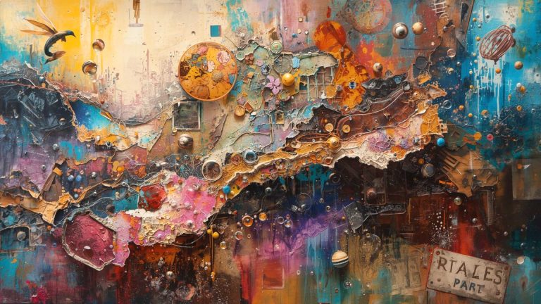 A vibrant abstract mixed-media artwork featuring layers of texture, color, and detail that evoke a cosmic landscape. Swirls of turquoise, orange, magenta, and gold blend with 3D elements like circular shapes, metallic spheres, and collage fragments, creating a sense of motion and depth. The piece suggests a journey through fragmented realities, blending organic and industrial forms in a dynamic composition.