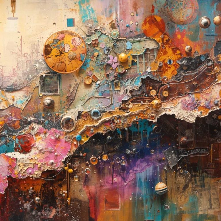 A vibrant abstract mixed-media artwork featuring layers of texture, color, and detail that evoke a cosmic landscape. Swirls of turquoise, orange, magenta, and gold blend with 3D elements like circular shapes, metallic spheres, and collage fragments, creating a sense of motion and depth. The piece suggests a journey through fragmented realities, blending organic and industrial forms in a dynamic composition.