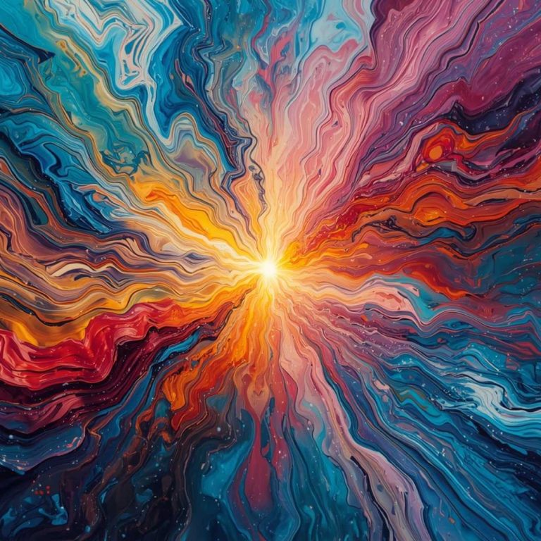 Abstract painting depicting a radiant burst of light at the center, with swirling ribbons of color—deep blues, fiery oranges, reds, and purples—flowing outward in dynamic, wave-like patterns. The image evokes a sense of energy, transformation, and creative fusion.