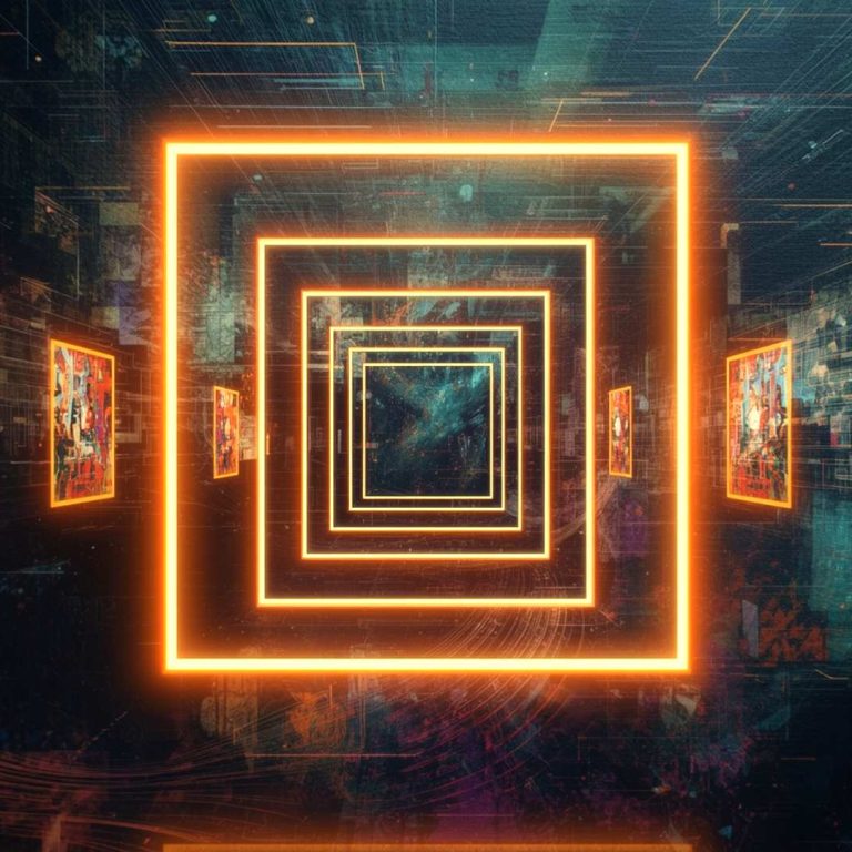 A futuristic, tunnel-like gallery with glowing orange neon square frames receding into the distance, creating a sense of depth. Abstract, colorful artworks hang on the dark walls, overlaid with digital grid lines and data-like textures, giving the scene a cyberpunk, virtual-museum atmosphere.