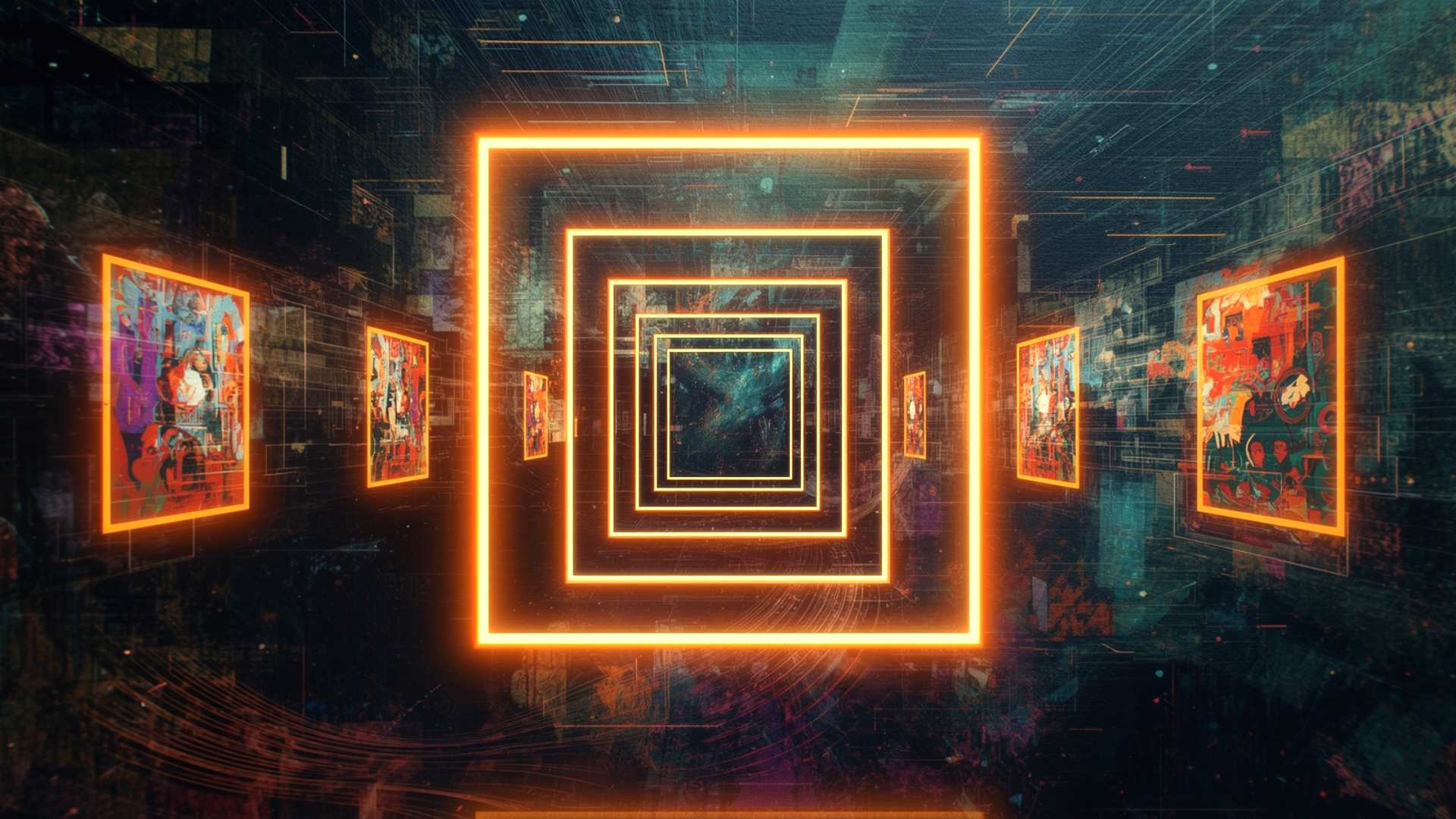 A futuristic, tunnel-like gallery with glowing orange neon square frames receding into the distance, creating a sense of depth. Abstract, colorful artworks hang on the dark walls, overlaid with digital grid lines and data-like textures, giving the scene a cyberpunk, virtual-museum atmosphere.