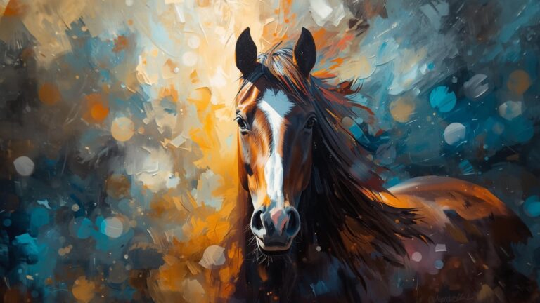 A painting of a horse's head and upper body rendered in an expressive, impressionistic style. The horse faces forward with alert ears and gentle eyes, featuring a distinctive white blaze running down its face. The artwork uses bold, dynamic brushstrokes in a vivid palette of warm oranges, golden yellows, cool teals, and deep blues. The background is abstract and atmospheric, with swirling paint strokes, bokeh-like circles of light, and energetic splashes of color that create a sense of movement and emotional depth around the subject.