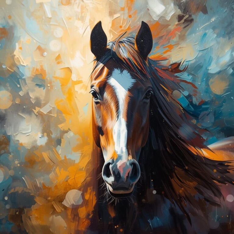 A painting of a horse's head and upper body rendered in an expressive, impressionistic style. The horse faces forward with alert ears and gentle eyes, featuring a distinctive white blaze running down its face. The artwork uses bold, dynamic brushstrokes in a vivid palette of warm oranges, golden yellows, cool teals, and deep blues. The background is abstract and atmospheric, with swirling paint strokes, bokeh-like circles of light, and energetic splashes of color that create a sense of movement and emotional depth around the subject.
