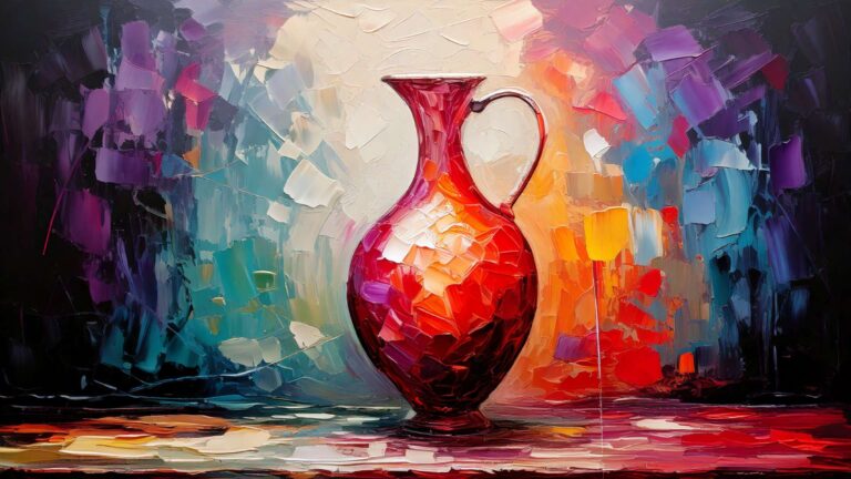 A vibrant, painterly illustration of a red glass vase centered against an abstract, multicolored background, with thick brushstrokes and strong contrast that emphasize the vase’s silhouette through surrounding space.