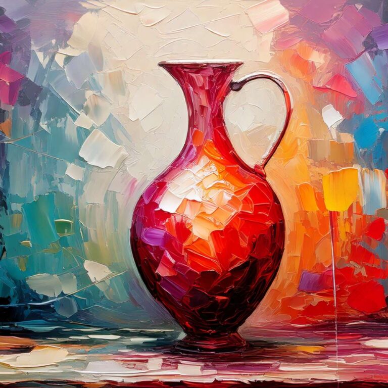 A vibrant, painterly illustration of a red glass vase centered against an abstract, multicolored background, with thick brushstrokes and strong contrast that emphasize the vase’s silhouette through surrounding space.