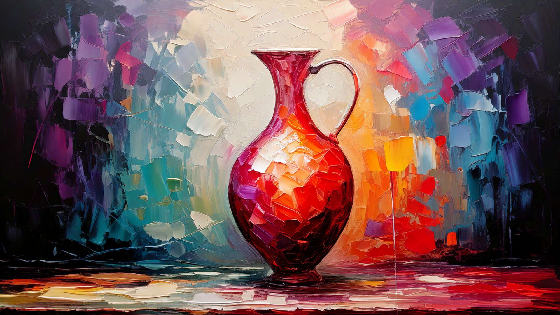 A vibrant, painterly illustration of a red glass vase centered against an abstract, multicolored background, with thick brushstrokes and strong contrast that emphasize the vase’s silhouette through surrounding space.
