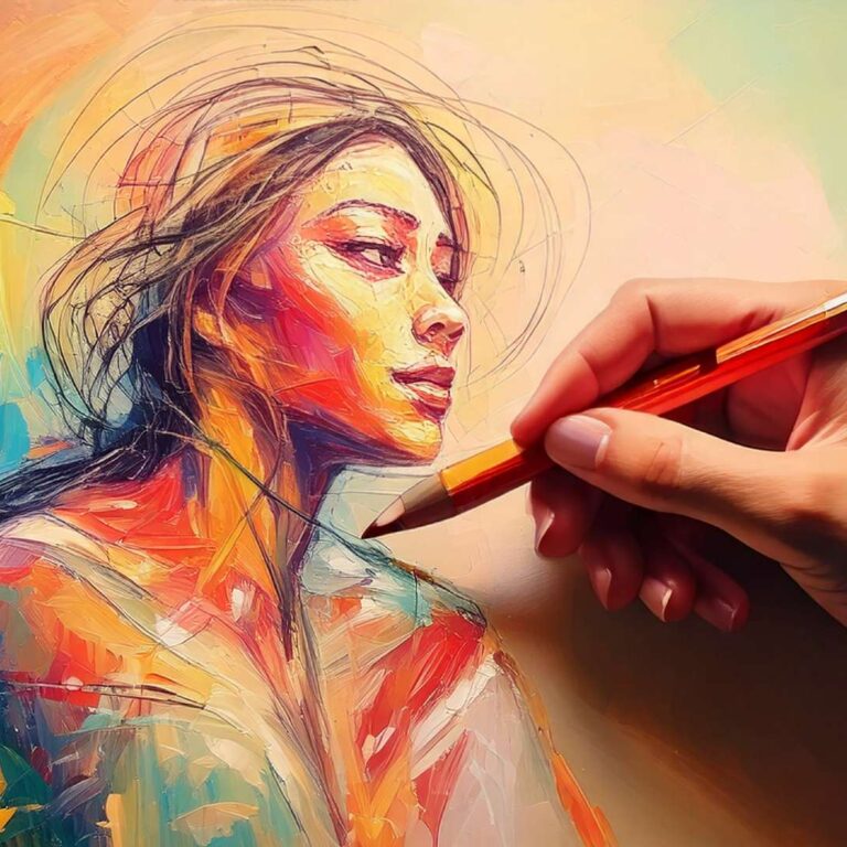 A hand draws a colorful, expressive portrait of a woman in profile, with visible pencil lines and layered paint strokes showing the artist’s mark and creative process.