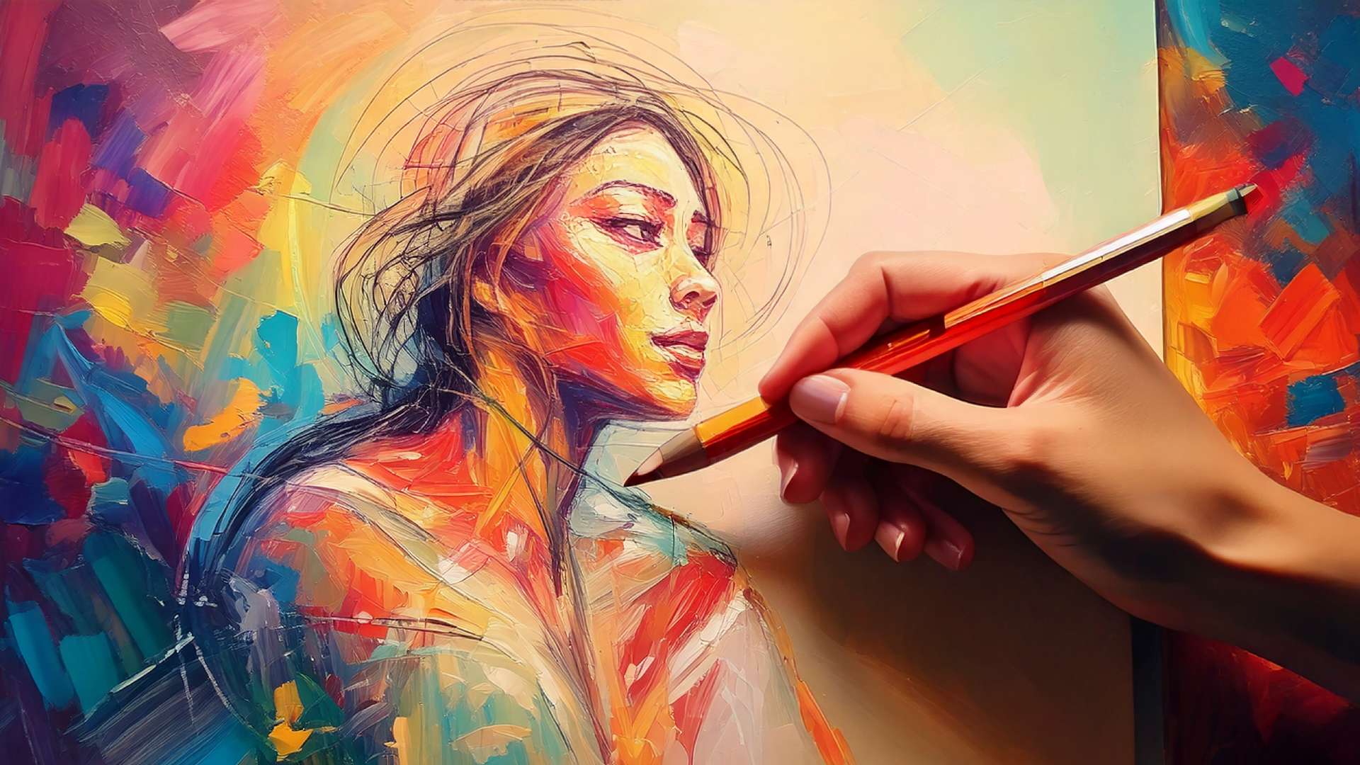 A hand draws a colorful, expressive portrait of a woman in profile, with visible pencil lines and layered paint strokes showing the artist’s mark and creative process.