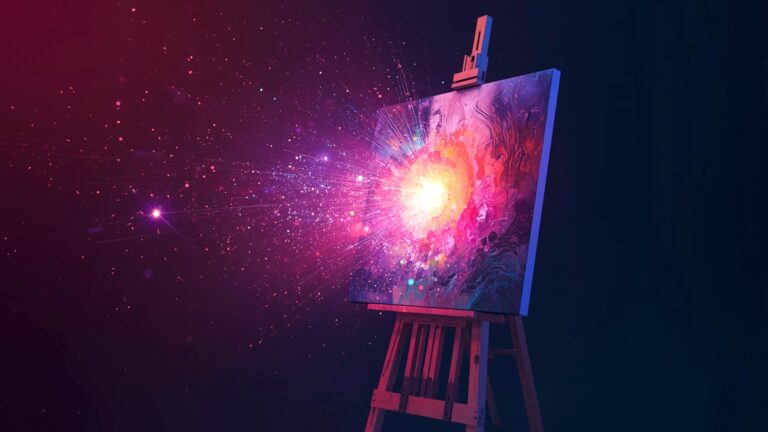 An abstract painting on an easel bursts into glowing light and colorful particles against a dark background, blending paint texture with digital-style illumination.