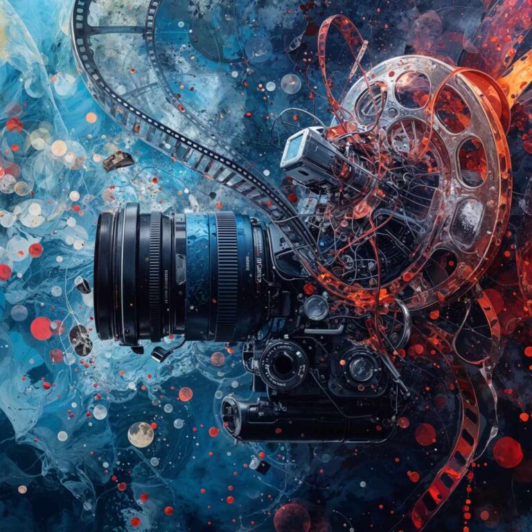 A surreal, digitally rendered composition of a vintage film camera fused with a large metal film reel, floating against a swirling abstract background of deep blues and fiery reds. Strips of film curl outward like ribbons, interwoven with wires and mechanical elements, while glowing red and white circular shapes resemble drifting light or particles in motion. The image blends photography, cinema, and time into a dynamic, dreamlike scene suggesting movement, memory, and technological evolution.