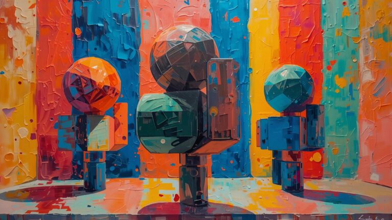 **Alt description:** A vivid abstract artwork features three geometric, human-like figures standing against a boldly striped background of saturated orange, blue, yellow, teal, and coral. Each figure is constructed from faceted spheres and rectangular forms, resembling sculptural costumes or futuristic mannequins. Thick, textured paint creates a layered, tactile surface, with visible brushstrokes and palette-knife marks adding depth and movement. The composition evokes the theatrical, avant-garde spirit of Oskar Schlemmer’s Triadic Ballet through its playful balance of shape, color, and spatial rhythm.