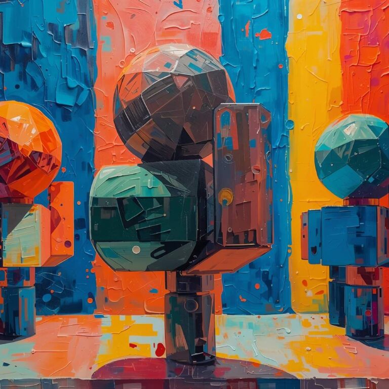 **Alt description:** A vivid abstract artwork features three geometric, human-like figures standing against a boldly striped background of saturated orange, blue, yellow, teal, and coral. Each figure is constructed from faceted spheres and rectangular forms, resembling sculptural costumes or futuristic mannequins. Thick, textured paint creates a layered, tactile surface, with visible brushstrokes and palette-knife marks adding depth and movement. The composition evokes the theatrical, avant-garde spirit of Oskar Schlemmer’s Triadic Ballet through its playful balance of shape, color, and spatial rhythm.