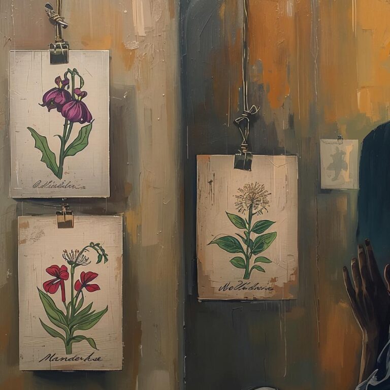 Four small botanical illustrations of poisonous flowers clipped to a gallery wall, labeled belladonna, foxglove, wolfsbane, and mandrake, while two shadowy figures stand nearby and a woman looks on in the foreground.