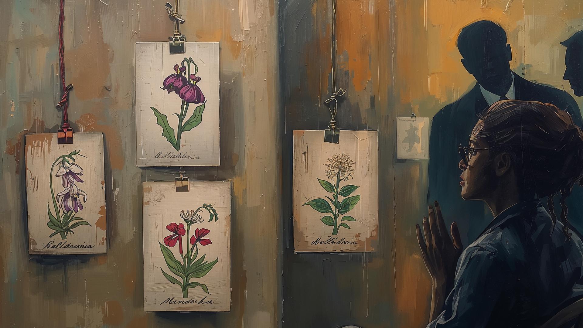 Four small botanical illustrations of poisonous flowers clipped to a gallery wall, labeled belladonna, foxglove, wolfsbane, and mandrake, while two shadowy figures stand nearby and a woman looks on in the foreground.