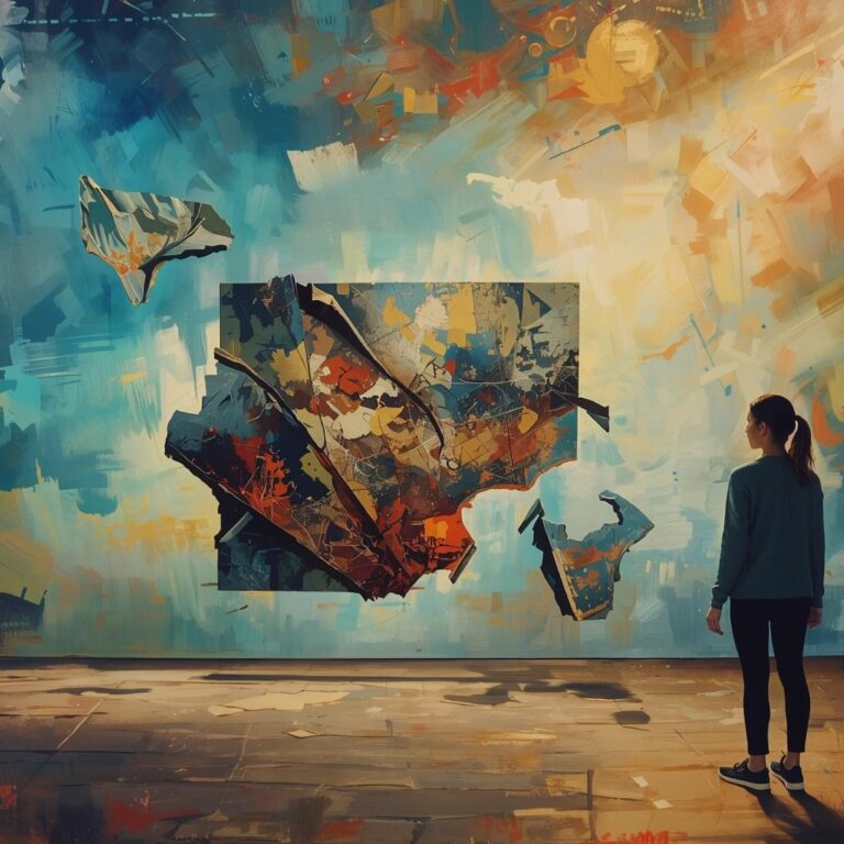A solitary viewer stands in a dim, spacious gallery facing a large abstract artwork that appears to break apart and float off the wall. Fragments of the painting hover midair, layered with bold textures and brushstrokes in teal, rust, and gold, as if the image is dissolving. Soft, directional light casts long shadows across the concrete floor, emphasizing the quiet, contemplative atmosphere and the sense of suspended motion.