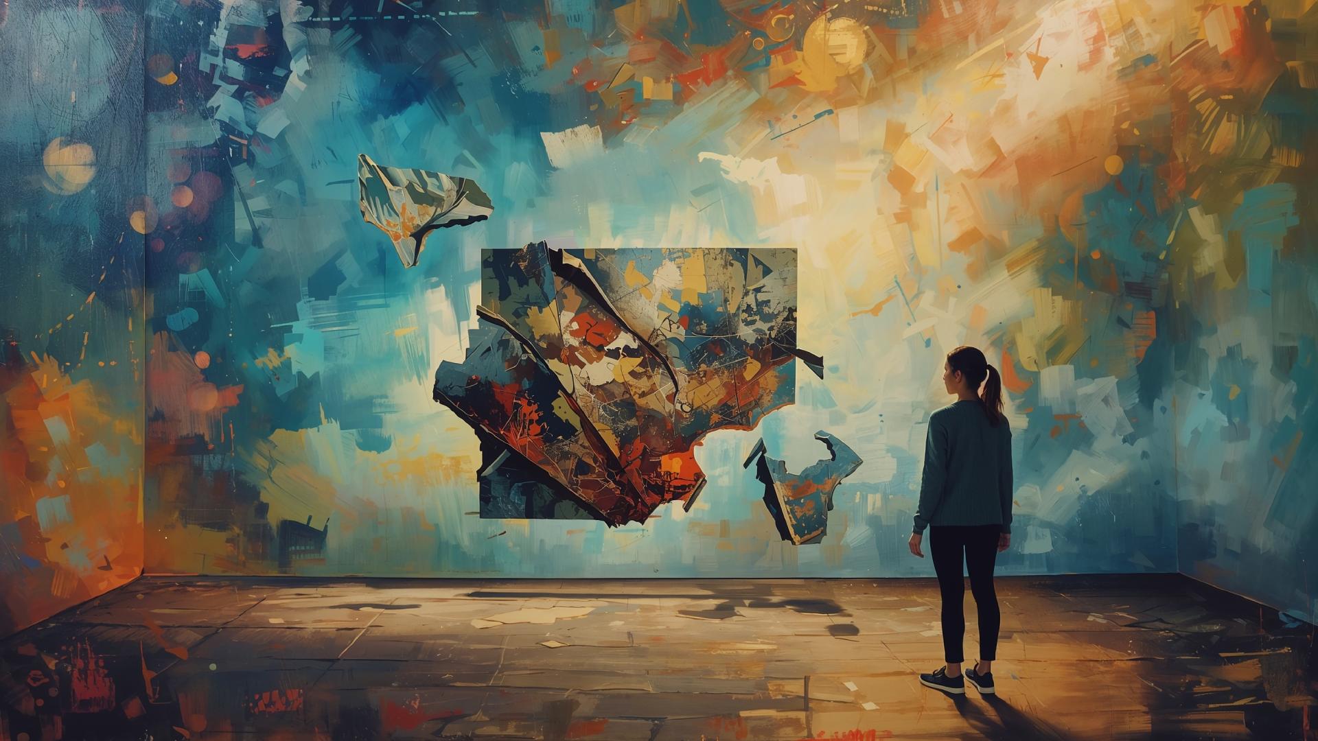 A solitary viewer stands in a dim, spacious gallery facing a large abstract artwork that appears to break apart and float off the wall. Fragments of the painting hover midair, layered with bold textures and brushstrokes in teal, rust, and gold, as if the image is dissolving. Soft, directional light casts long shadows across the concrete floor, emphasizing the quiet, contemplative atmosphere and the sense of suspended motion.