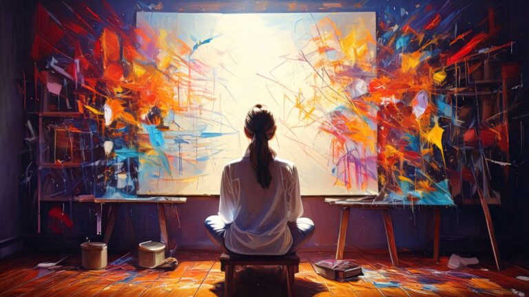 An artist sits cross-legged on a stool facing a large canvas, where a bright central void is surrounded by chaotic, colorful bursts of abstract paint, suggesting a tension between emptiness and overwhelming ideas in a studio setting.