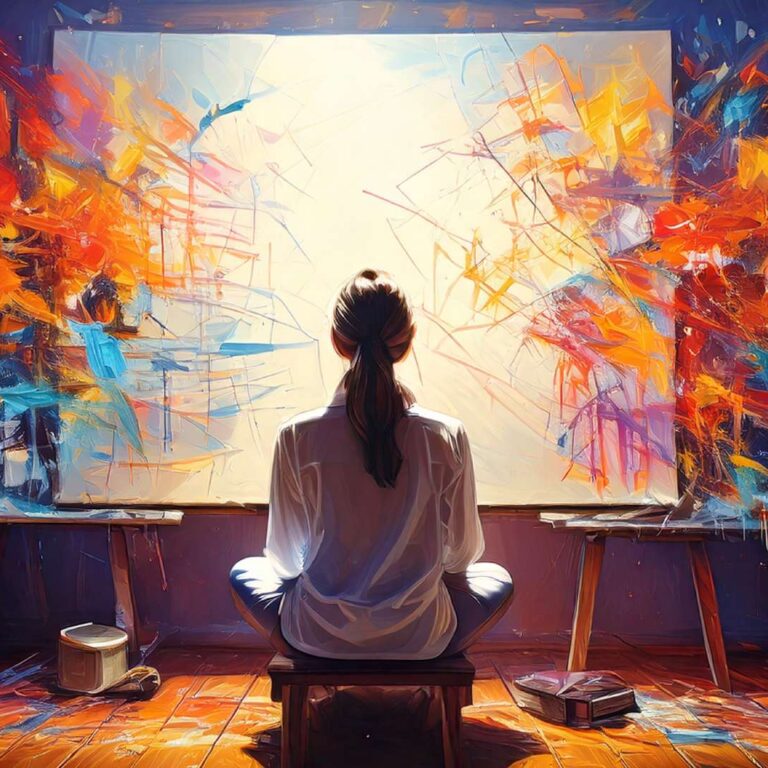 An artist sits cross-legged on a stool facing a large canvas, where a bright central void is surrounded by chaotic, colorful bursts of abstract paint, suggesting a tension between emptiness and overwhelming ideas in a studio setting.
