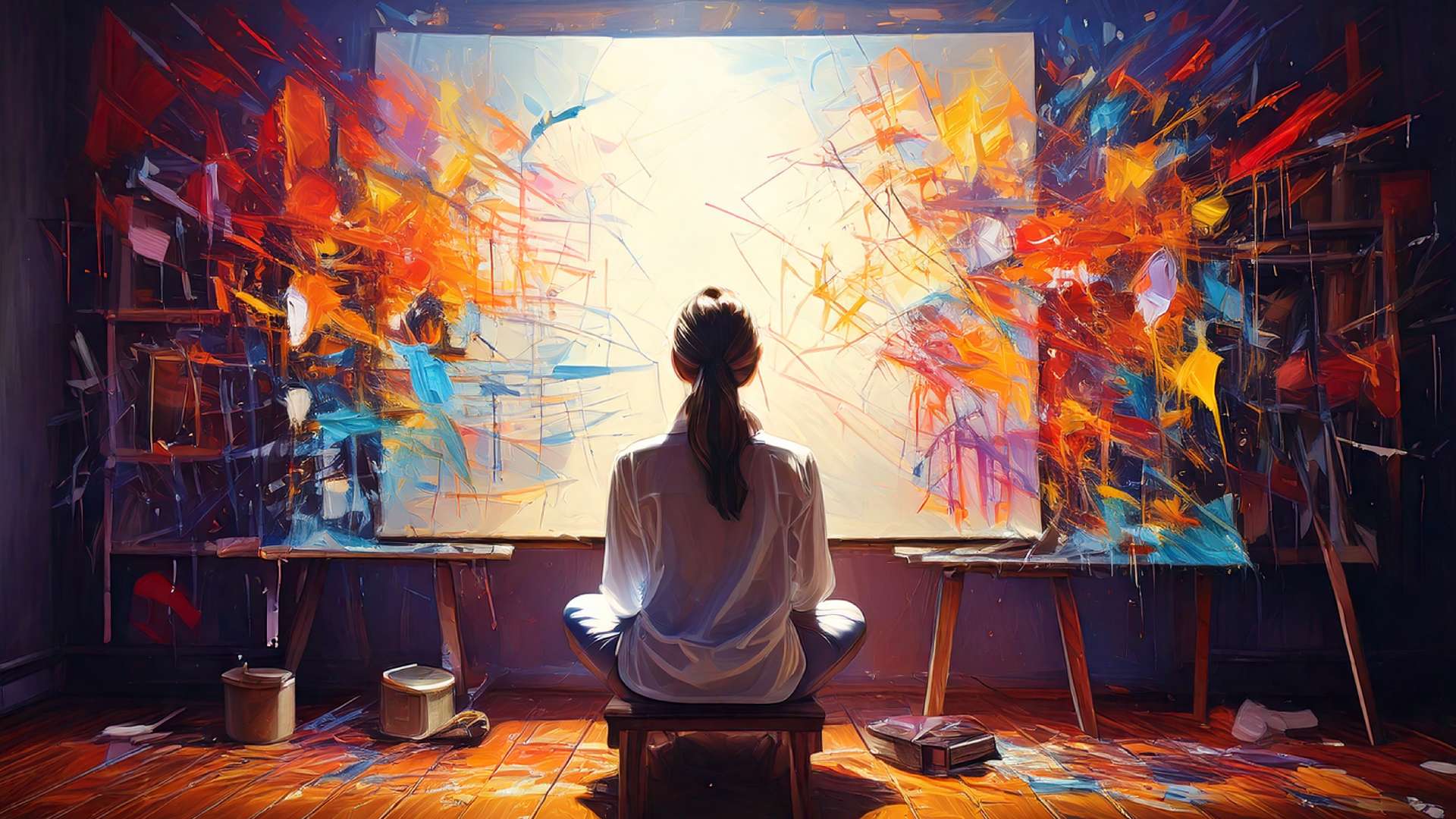 An artist sits cross-legged on a stool facing a large canvas, where a bright central void is surrounded by chaotic, colorful bursts of abstract paint, suggesting a tension between emptiness and overwhelming ideas in a studio setting.