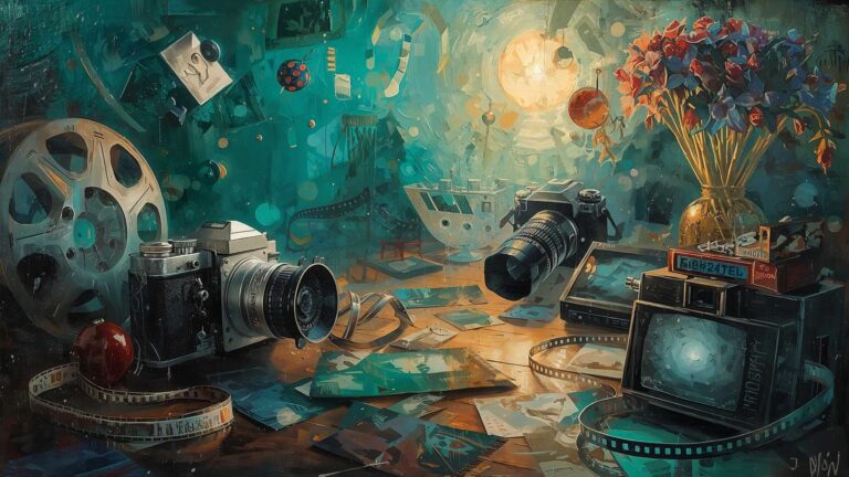 Surreal still life of vintage film and photo cameras, reels of film, and scattered prints in a teal-toned studio, with floating equipment and glowing light suggesting the transition from still photography to motion pictures.