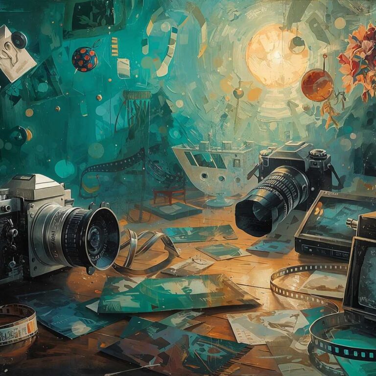 Surreal still life of vintage film and photo cameras, reels of film, and scattered prints in a teal-toned studio, with floating equipment and glowing light suggesting the transition from still photography to motion pictures.