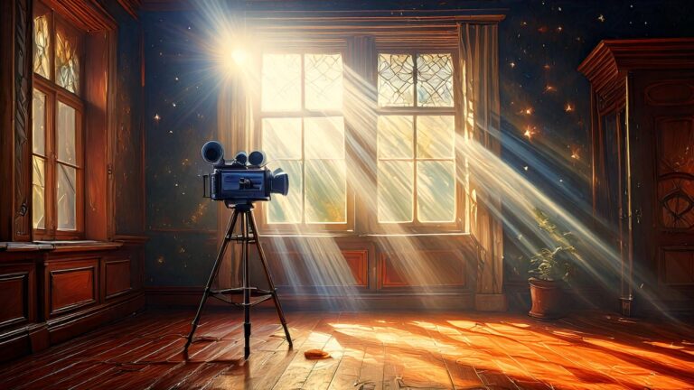 Sunlight streams through tall windows into a quiet room, illuminating a vintage film camera on a tripod as dust particles glow like tiny stars, creating a warm, cinematic and subtly magical atmosphere.