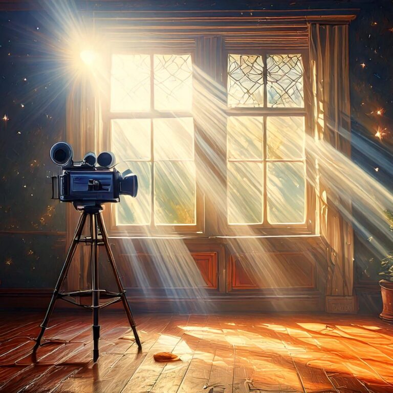 Sunlight streams through tall windows into a quiet room, illuminating a vintage film camera on a tripod as dust particles glow like tiny stars, creating a warm, cinematic and subtly magical atmosphere.