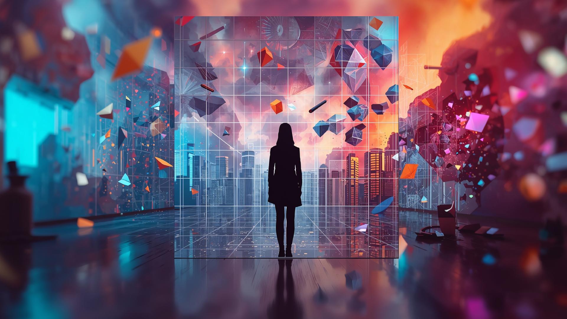 Silhouetted figure stands in a futuristic studio facing a glowing grid window overlooking a modern city skyline, while colorful geometric shapes and fragmented digital forms float and scatter through a surreal, luminous atmosphere suggesting heightened perception and abstract thought.