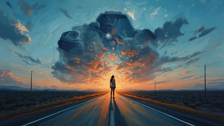 A lone human figure stands centered on an empty road at sunset, facing a dramatic sky where swirling clouds form the shape of a giant camera, blending warm orange light with cool blue tones in a surreal, symbolic landscape.