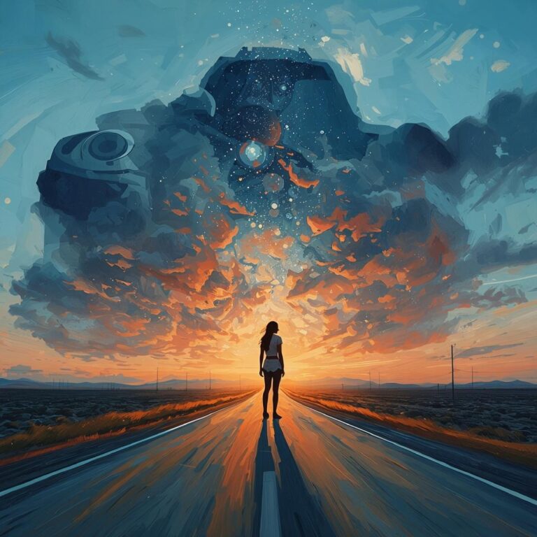 A lone human figure stands centered on an empty road at sunset, facing a dramatic sky where swirling clouds form the shape of a giant camera, blending warm orange light with cool blue tones in a surreal, symbolic landscape.