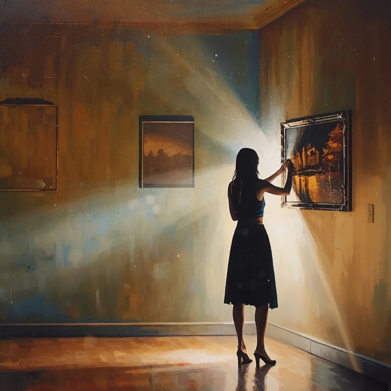 A solitary figure stands in a dim, atmospheric gallery, reaching toward a single illuminated painting while surrounding frames remain empty, as soft beams of light cut through the space and reflect across the wooden floor.