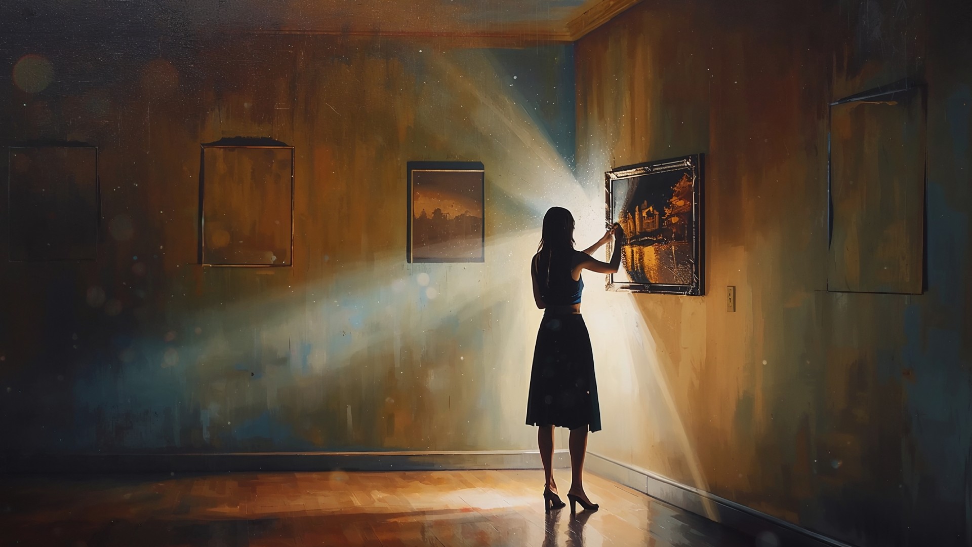 A solitary figure stands in a dim, atmospheric gallery, reaching toward a single illuminated painting while surrounding frames remain empty, as soft beams of light cut through the space and reflect across the wooden floor.