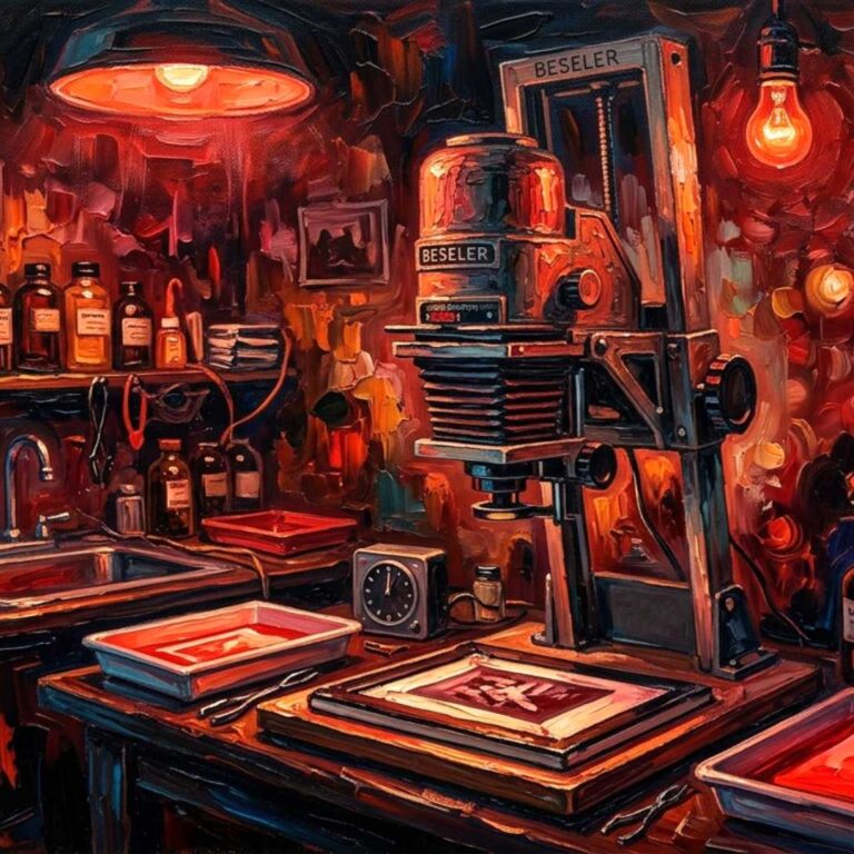 A richly colored, painterly scene of a traditional photography darkroom illuminated by a warm red safelight. A large Beseler enlarger stands at the center, surrounded by trays of developing prints glowing in red tones. Shelves are lined with chemical bottles, tools, and hanging instruments, while scattered photographs and equipment fill the space, creating an atmospheric, immersive view of analog photographic process and craft.