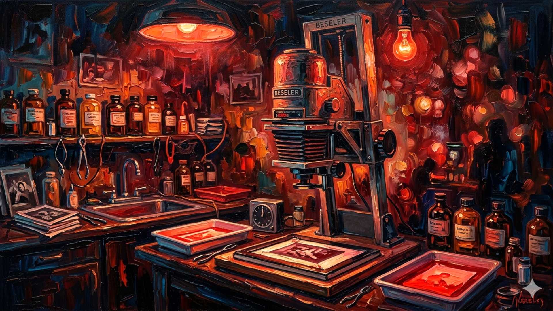 A richly colored, painterly scene of a traditional photography darkroom illuminated by a warm red safelight. A large Beseler enlarger stands at the center, surrounded by trays of developing prints glowing in red tones. Shelves are lined with chemical bottles, tools, and hanging instruments, while scattered photographs and equipment fill the space, creating an atmospheric, immersive view of analog photographic process and craft.