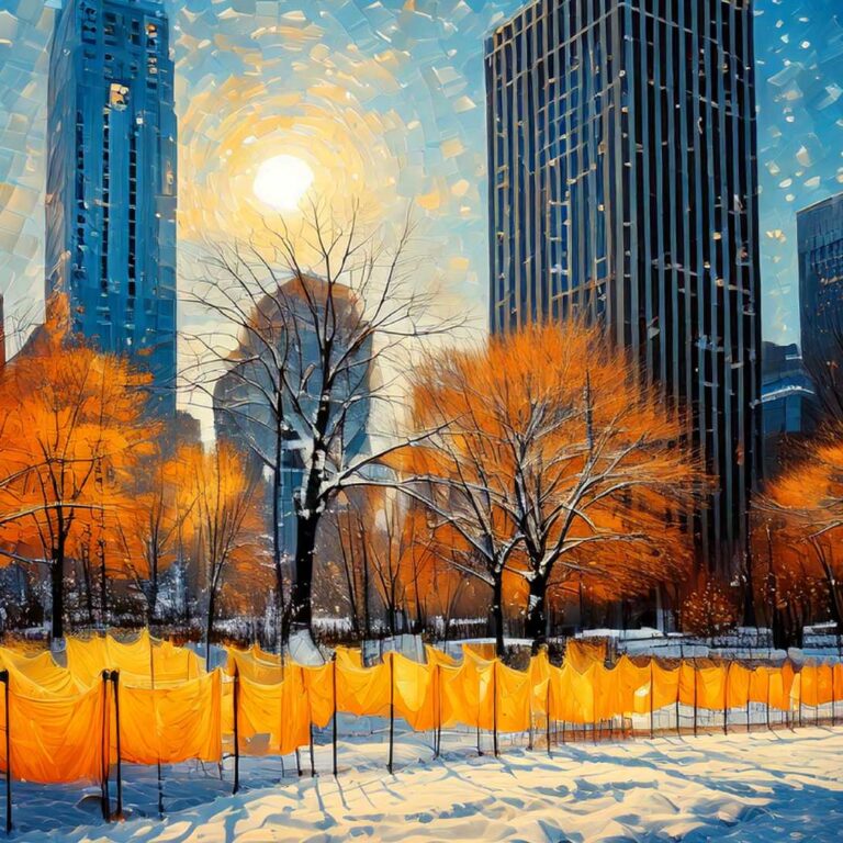 A stylized, painterly winter scene in Central Park shows glowing saffron-orange fabric panels lining a winding path, set against snow-covered ground, bare trees, and tall city skyscrapers, with sunlight filtering through a textured sky.