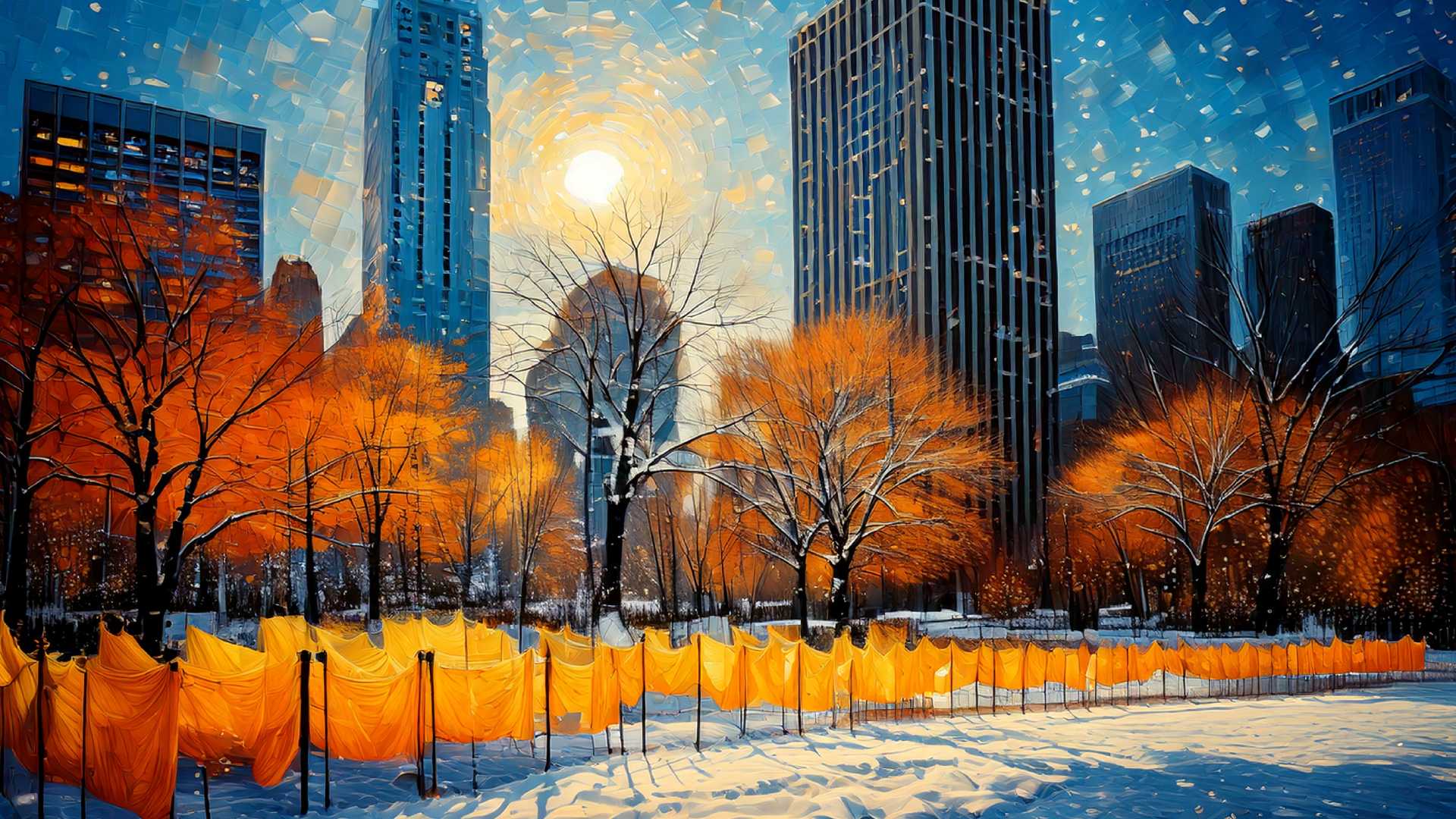 A stylized, painterly winter scene in Central Park shows glowing saffron-orange fabric panels lining a winding path, set against snow-covered ground, bare trees, and tall city skyscrapers, with sunlight filtering through a textured sky.