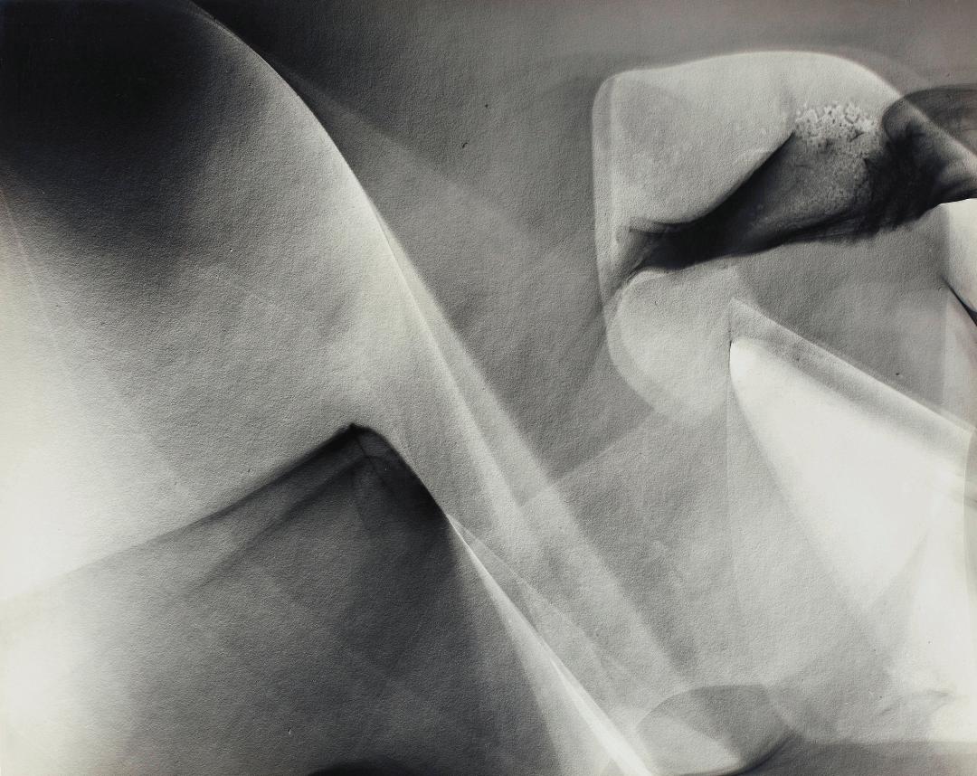 Abstract black-and-white composition of layered translucent forms and sweeping diagonal shapes, with soft gradients and shadowy folds creating a sculptural, almost fabric-like effect.