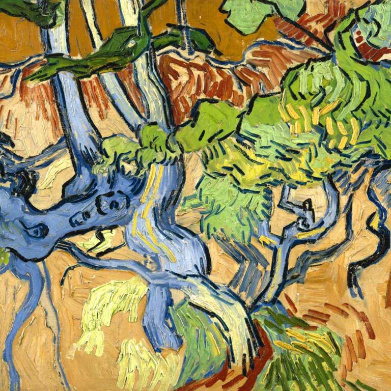 Tree Roots depicts a tangled network of twisting tree trunks and exposed roots painted in vivid blues, greens, yellows, and earthy oranges. Thick, expressive brushstrokes create an almost abstract composition where the roots seem to writhe across a sunlit hillside, blending movement, texture, and intense color into a chaotic forest scene.