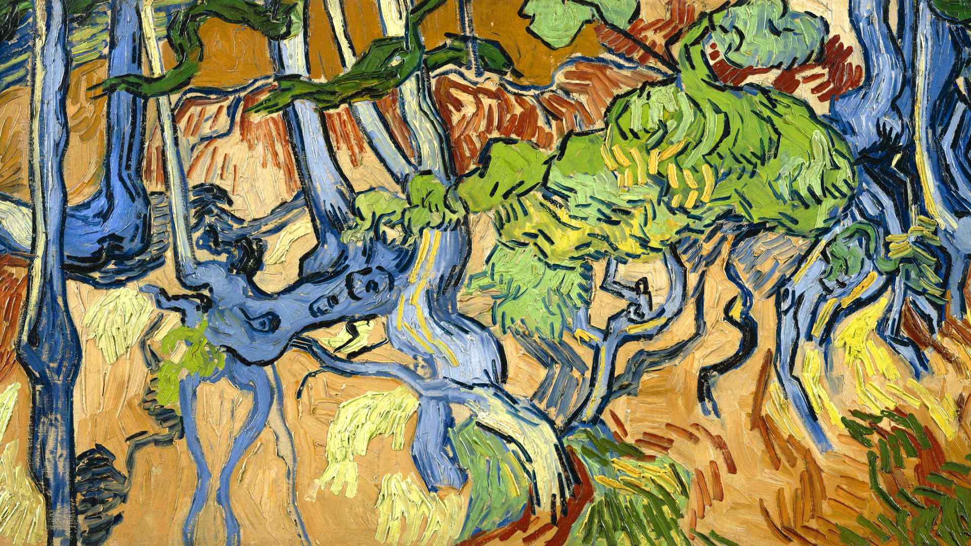 Tree Roots depicts a tangled network of twisting tree trunks and exposed roots painted in vivid blues, greens, yellows, and earthy oranges. Thick, expressive brushstrokes create an almost abstract composition where the roots seem to writhe across a sunlit hillside, blending movement, texture, and intense color into a chaotic forest scene.