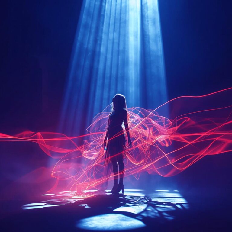 A silhouetted figure stands beneath a dramatic beam of blue light in a dark, atmospheric space while glowing red and pink light trails swirl around the body like flowing energy ribbons. The scene feels surreal and cinematic, blending motion, shadow, and directed light into a dreamlike visual composition.