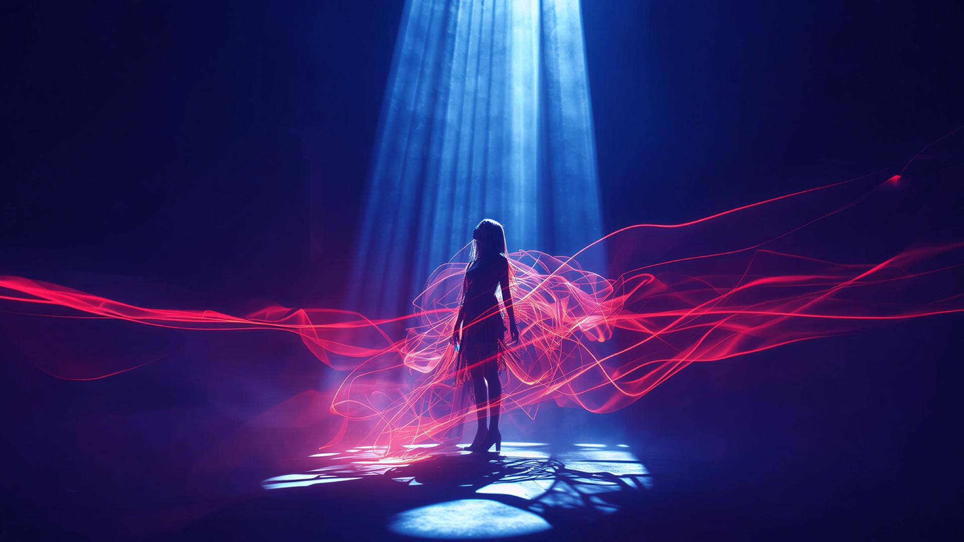 A silhouetted figure stands beneath a dramatic beam of blue light in a dark, atmospheric space while glowing red and pink light trails swirl around the body like flowing energy ribbons. The scene feels surreal and cinematic, blending motion, shadow, and directed light into a dreamlike visual composition.